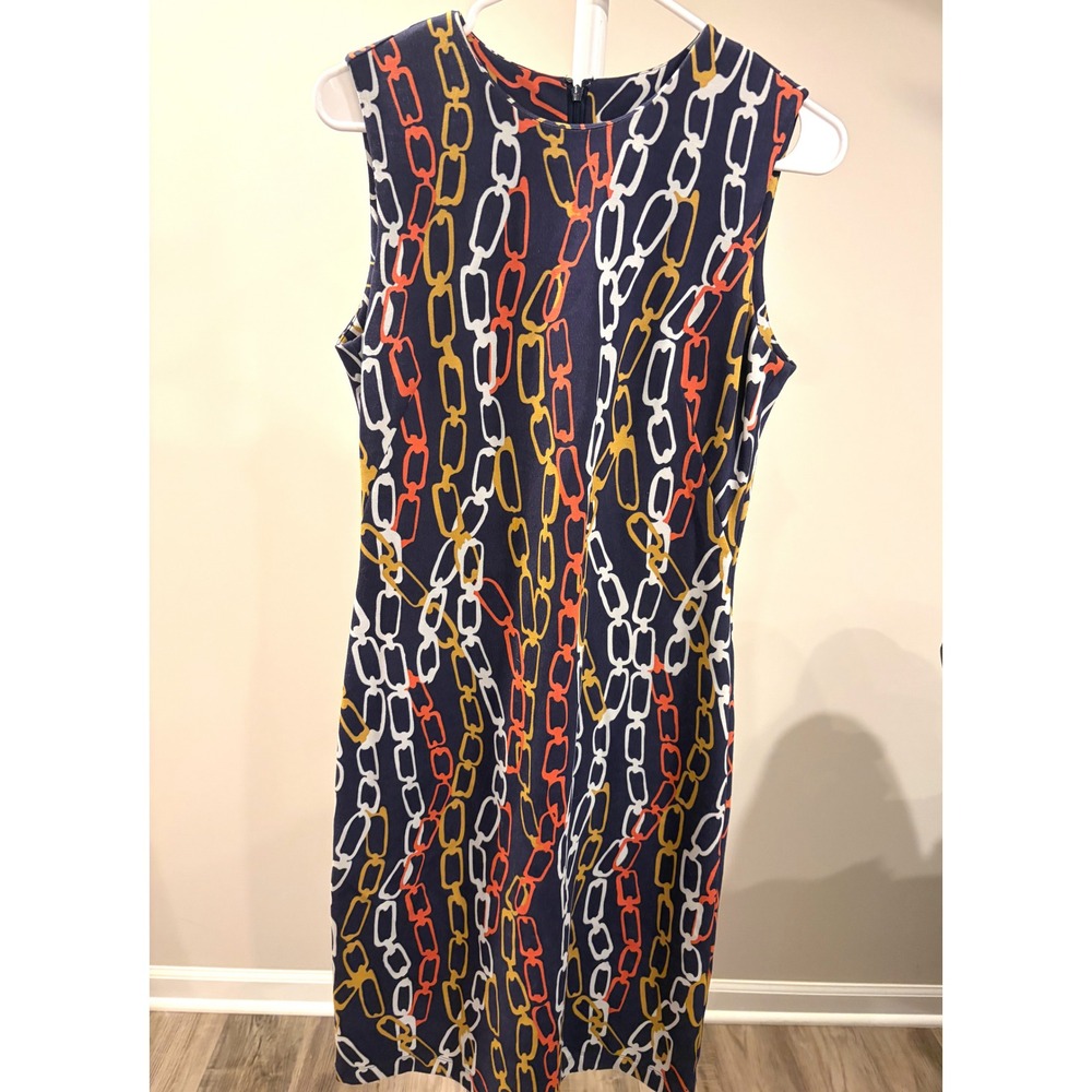 Quiet Luxury Preppy Coastal J.McLaughlin Chain Link Print Dress Sz S Navy Gold